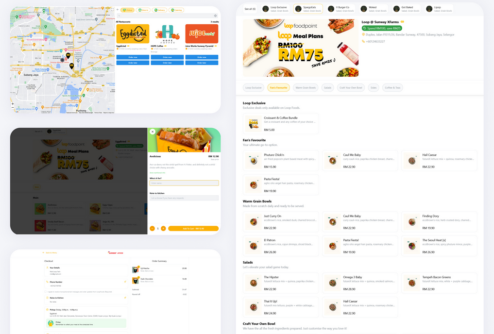 Screenshots of a food delivery platform