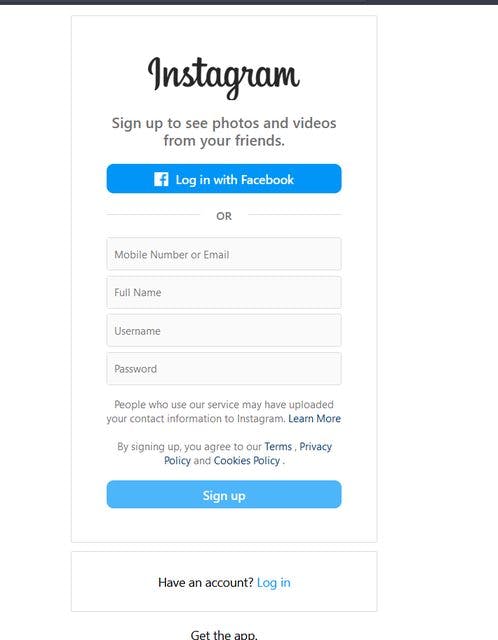 Instagram's registration form